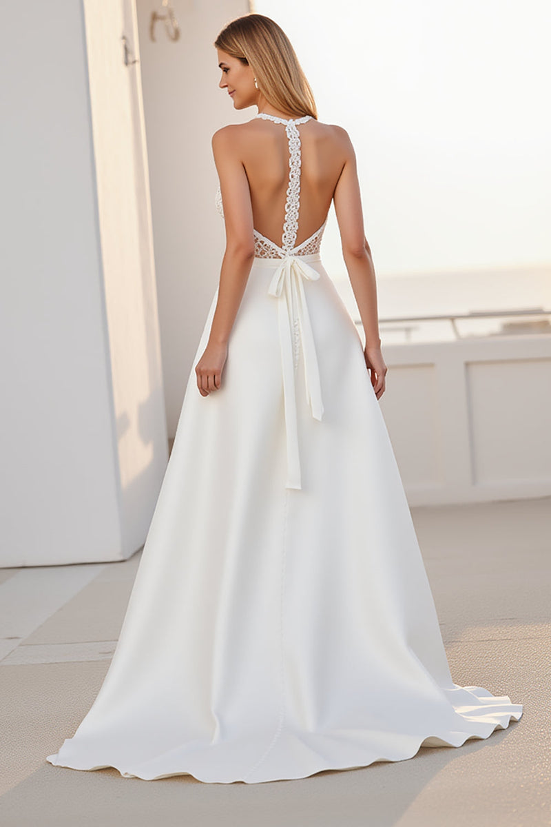 Load image into Gallery viewer, Halter Lace A Line Ivory Satin Wedding Dress