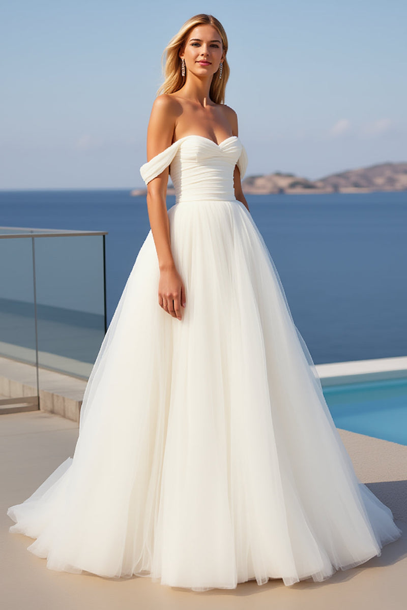 Load image into Gallery viewer, Tulle A Line Ivory Off The Shoulder Wedding Dress