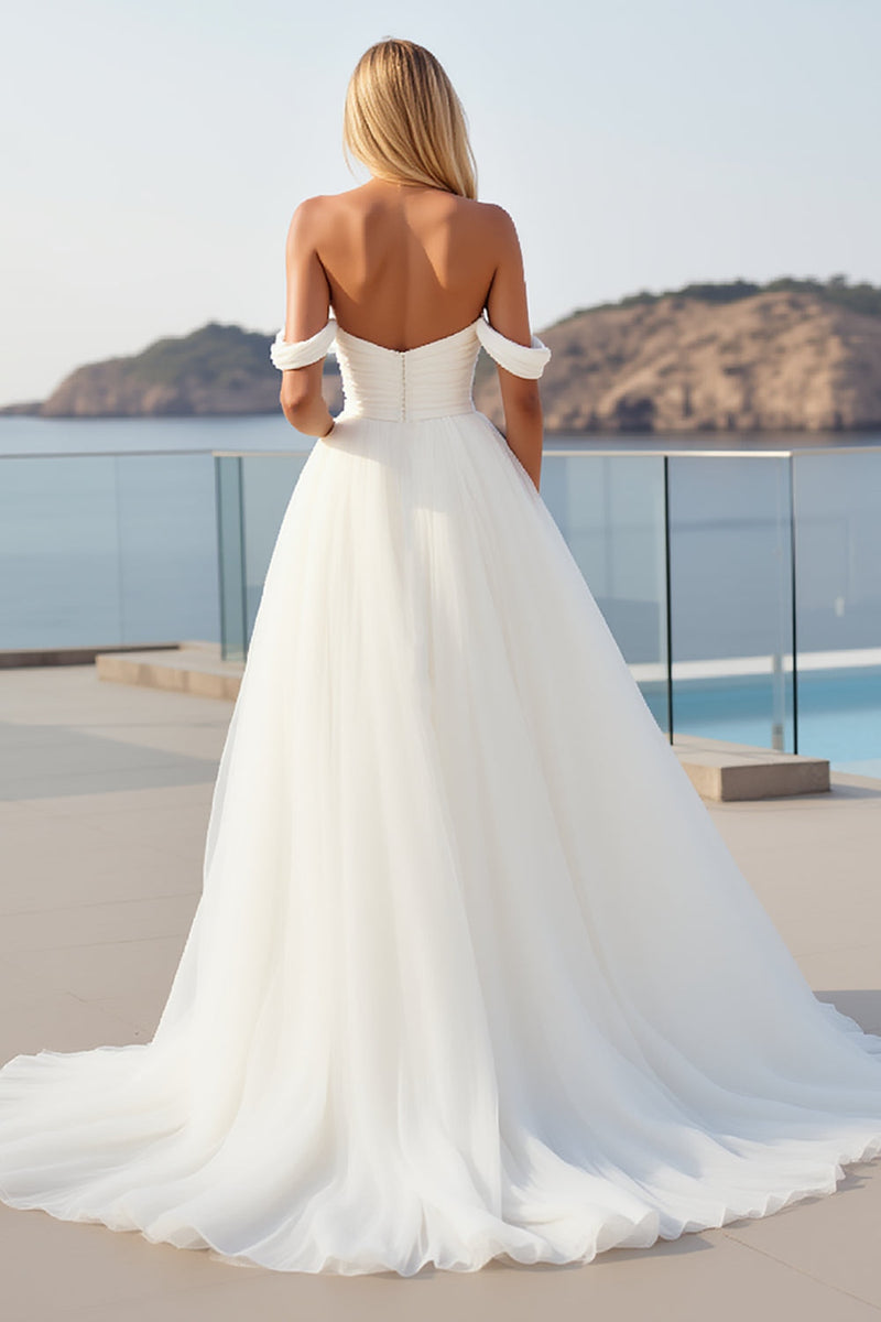 Load image into Gallery viewer, Tulle A Line Ivory Off The Shoulder Wedding Dress