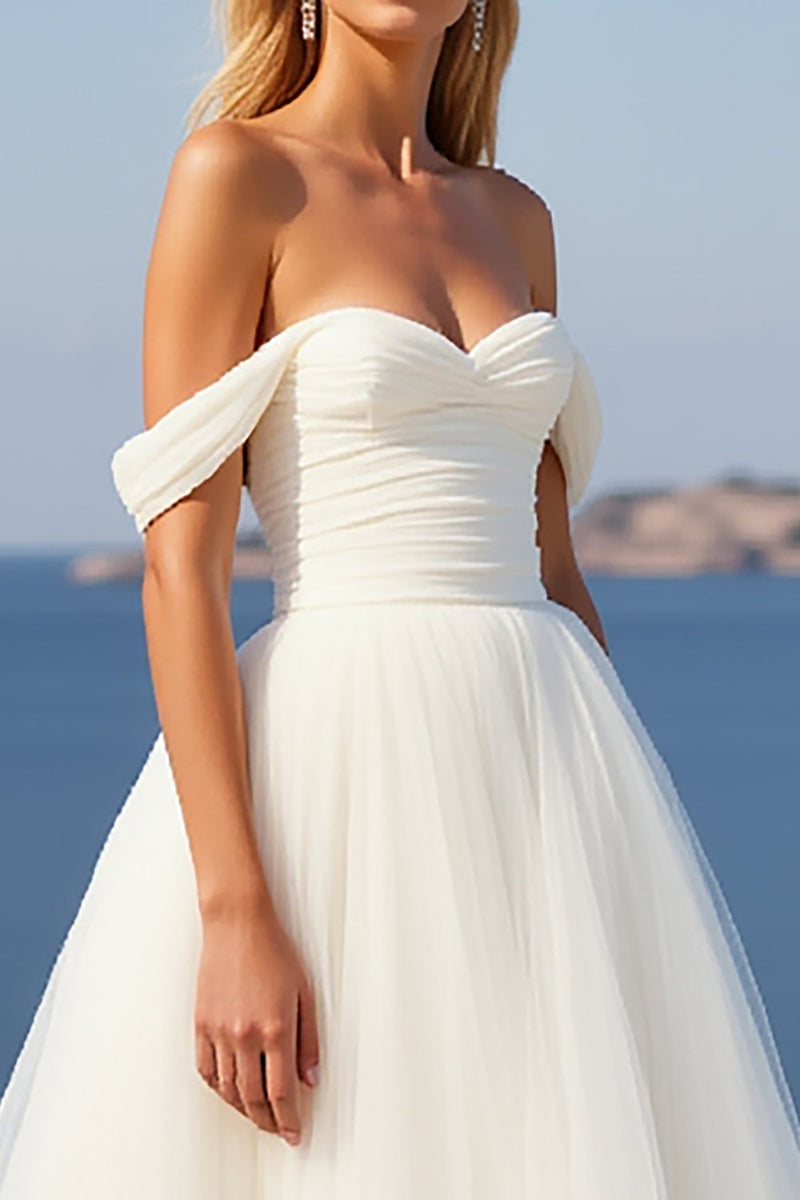 Load image into Gallery viewer, Tulle A Line Ivory Off The Shoulder Wedding Dress