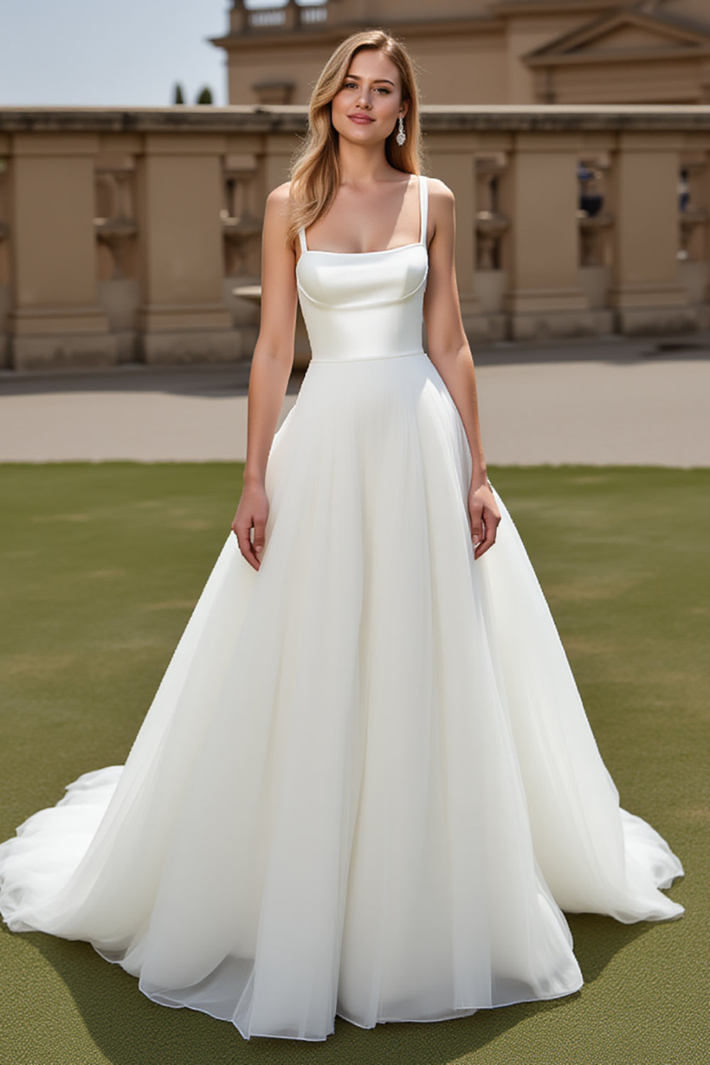 Ivory Spaghetti Straps A Line Organza Satin Wedding Dress