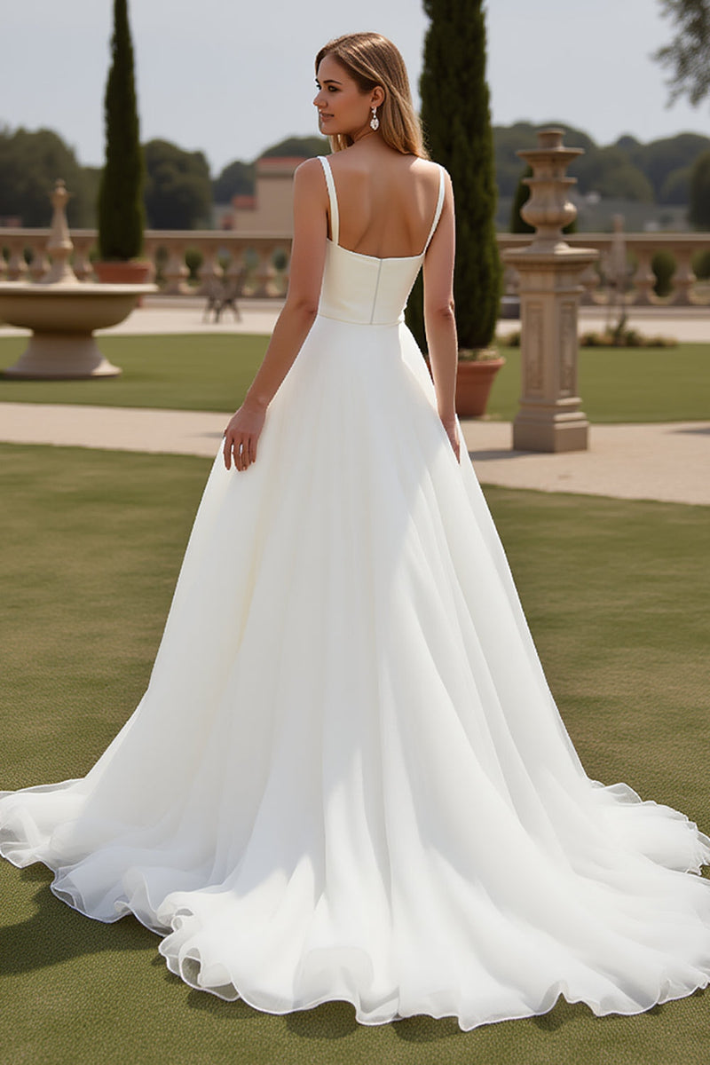 Load image into Gallery viewer, Ivory Spaghetti Straps A Line Organza Satin Wedding Dress
