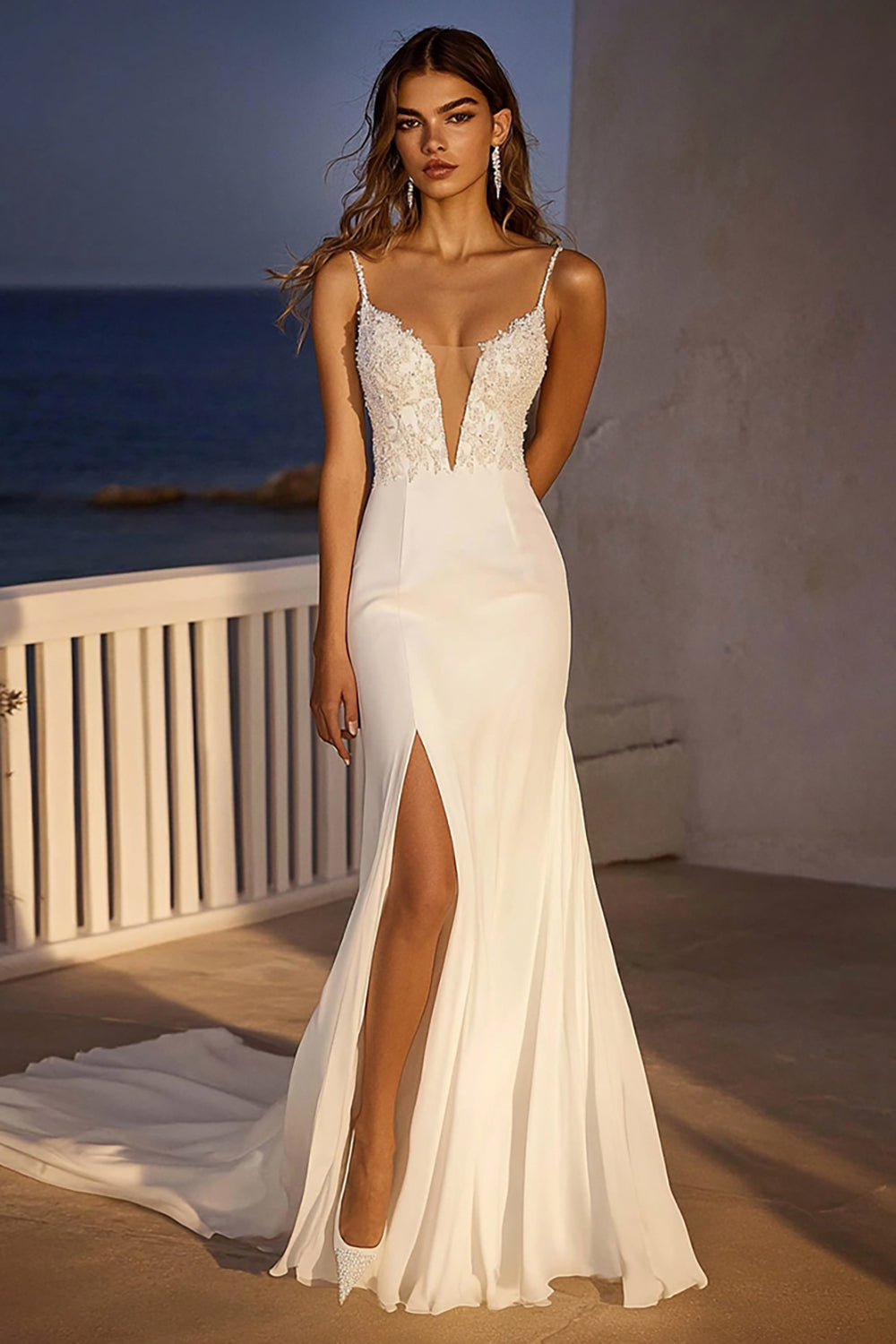 Lace Spaghetti Straps Mermaid Tulle Wedding Dress With Slit