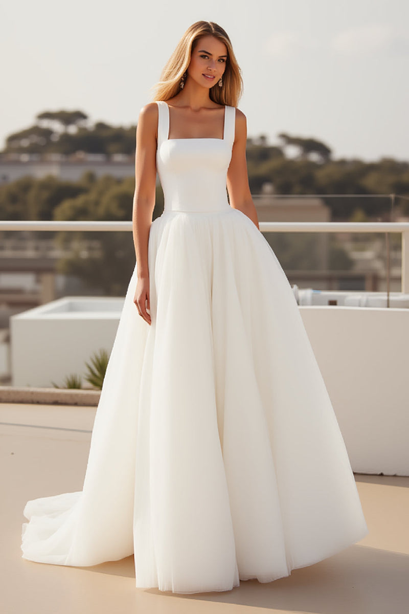 Load image into Gallery viewer, Ivory Spaghetti Straps A Line Crepe Tulle Wedding Dress
