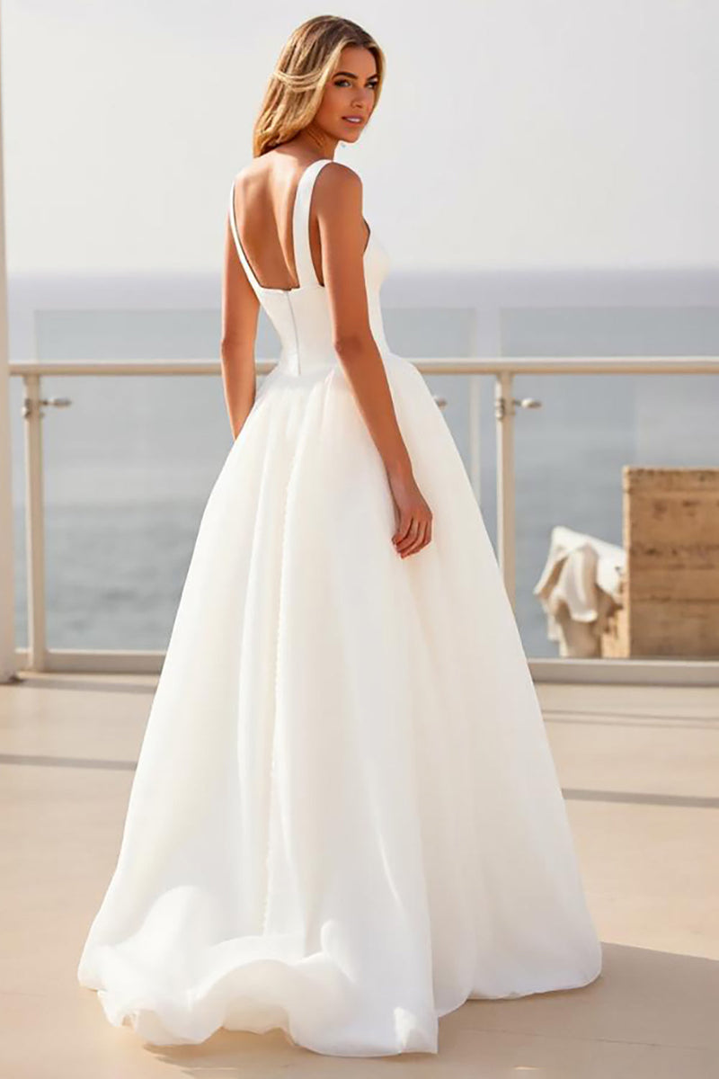 Load image into Gallery viewer, Ivory Spaghetti Straps A Line Crepe Tulle Wedding Dress