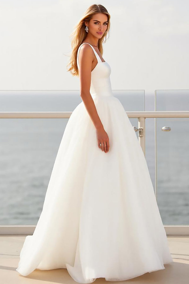 Load image into Gallery viewer, Ivory Spaghetti Straps A Line Crepe Tulle Wedding Dress