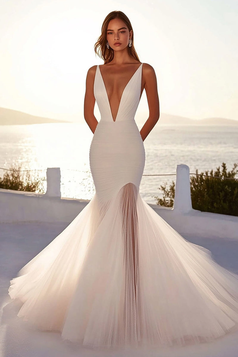 Load image into Gallery viewer, Deep V Neck Mermaid Ivory Tulle Pleated Wedding Dress
