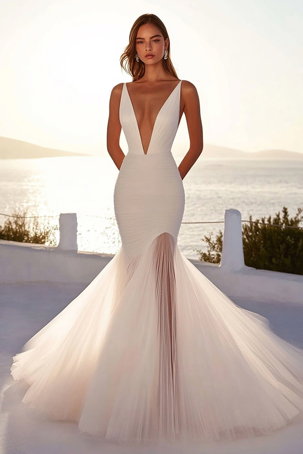 Deep V Neck Mermaid Ivory Tulle Pleated Wedding Dress