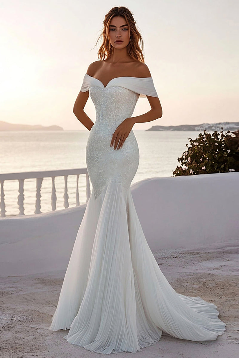 Load image into Gallery viewer, Off The Shoulder Mermaid Ivory Chiffon Wedding Dress With Sequins
