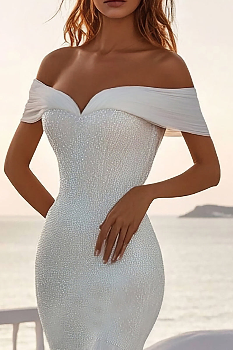 Load image into Gallery viewer, Off The Shoulder Mermaid Ivory Chiffon Wedding Dress With Sequins