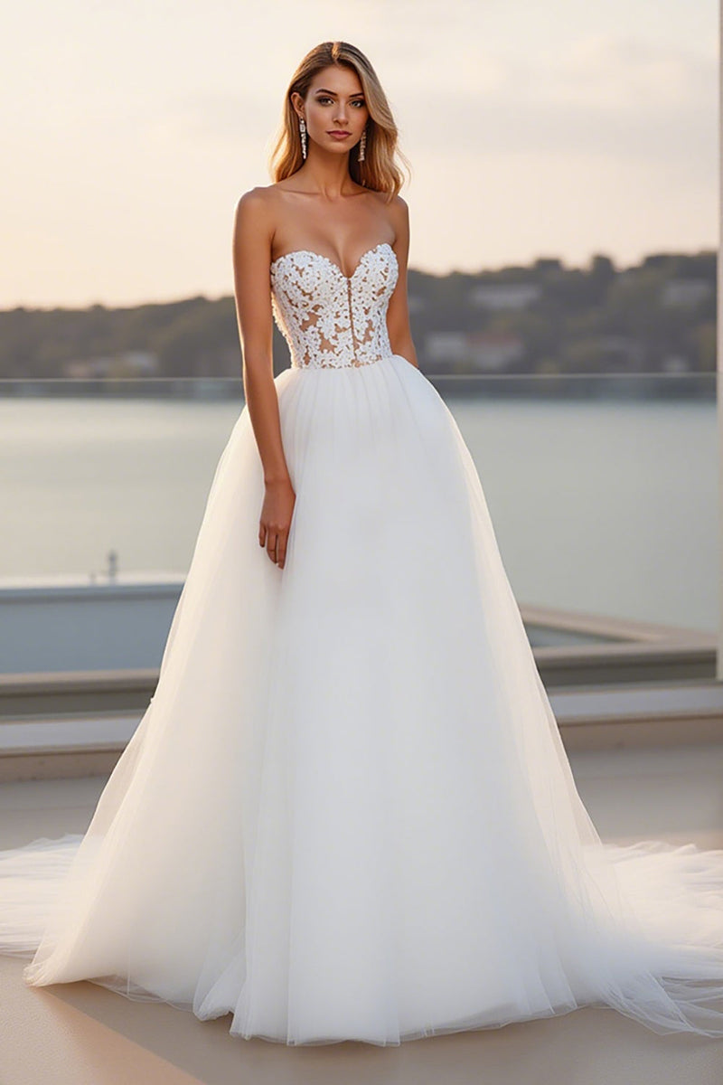 Load image into Gallery viewer, Lace Strapless A Line Tulle Ivory Wedding Dress