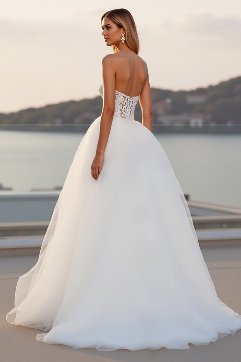 Load image into Gallery viewer, Lace Strapless A Line Tulle Ivory Wedding Dress
