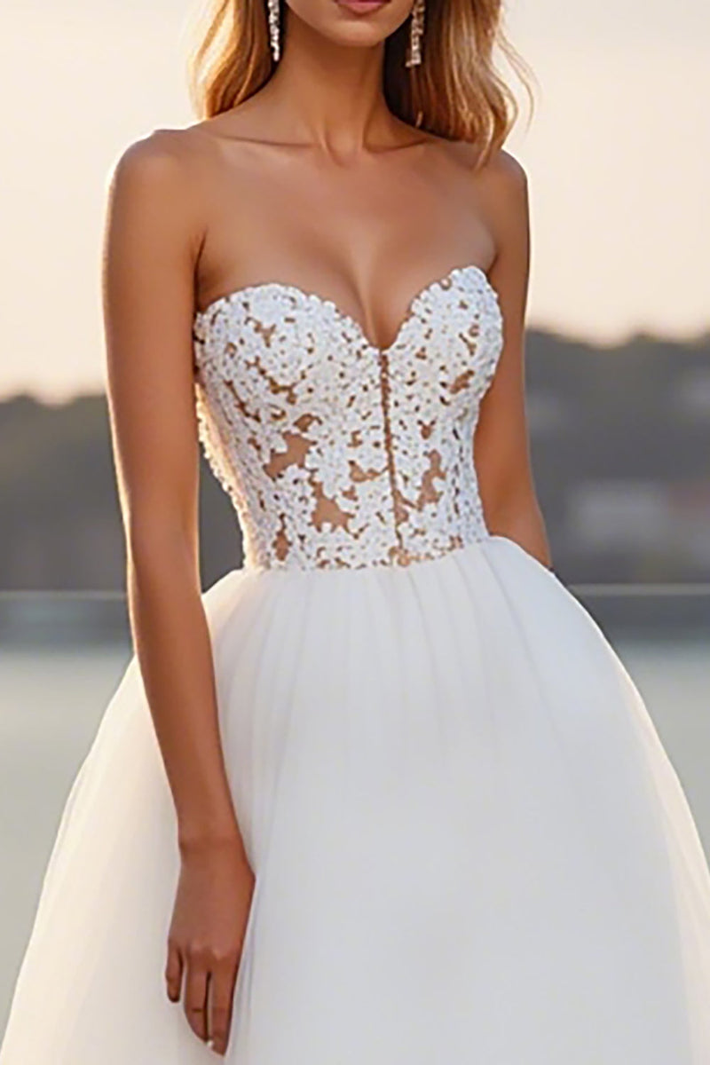 Load image into Gallery viewer, Lace Strapless A Line Tulle Ivory Wedding Dress