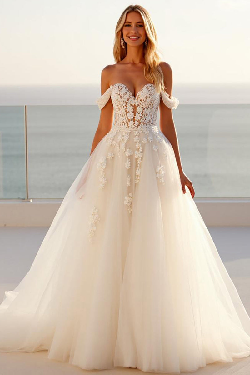 Load image into Gallery viewer, Off The Shoulder Lace Tulle Ivory A Line Wedding Dress