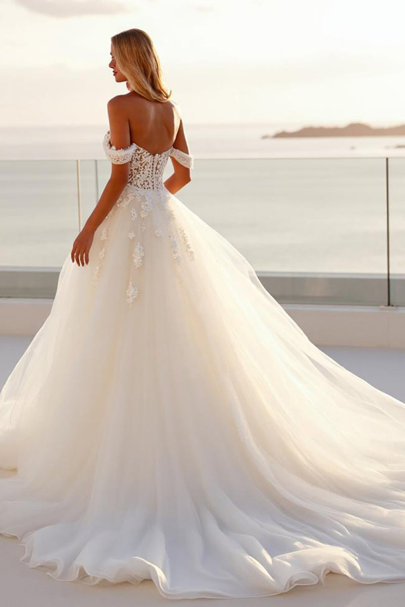 Load image into Gallery viewer, Off The Shoulder Lace Tulle Ivory A Line Wedding Dress
