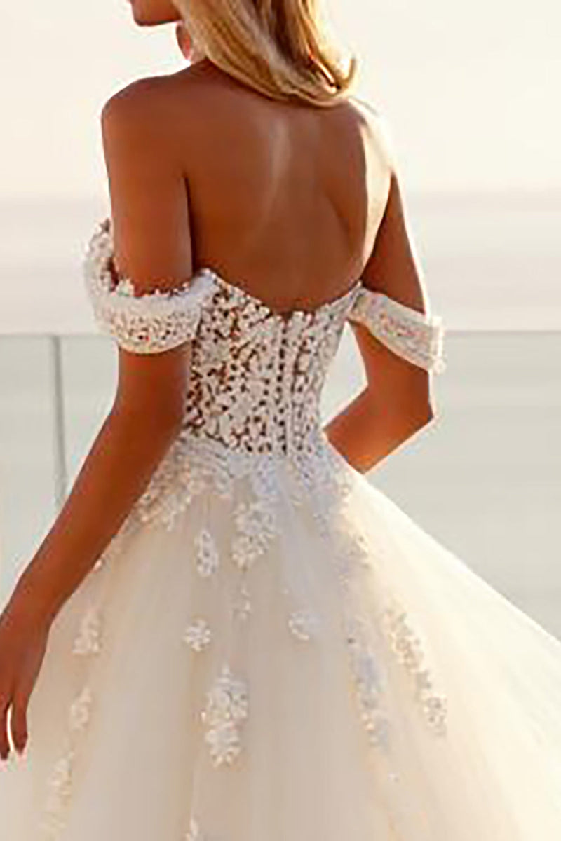Load image into Gallery viewer, Off The Shoulder Lace Tulle Ivory A Line Wedding Dress