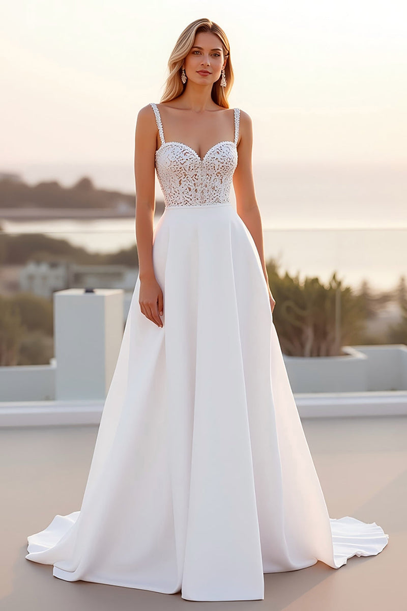 Load image into Gallery viewer, Spaghetti Straps Lace A Line Crepe Ivory Wedding Dress