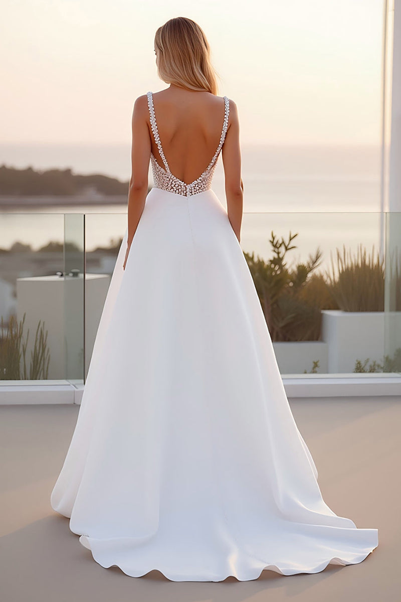 Load image into Gallery viewer, Spaghetti Straps Lace A Line Crepe Ivory Wedding Dress