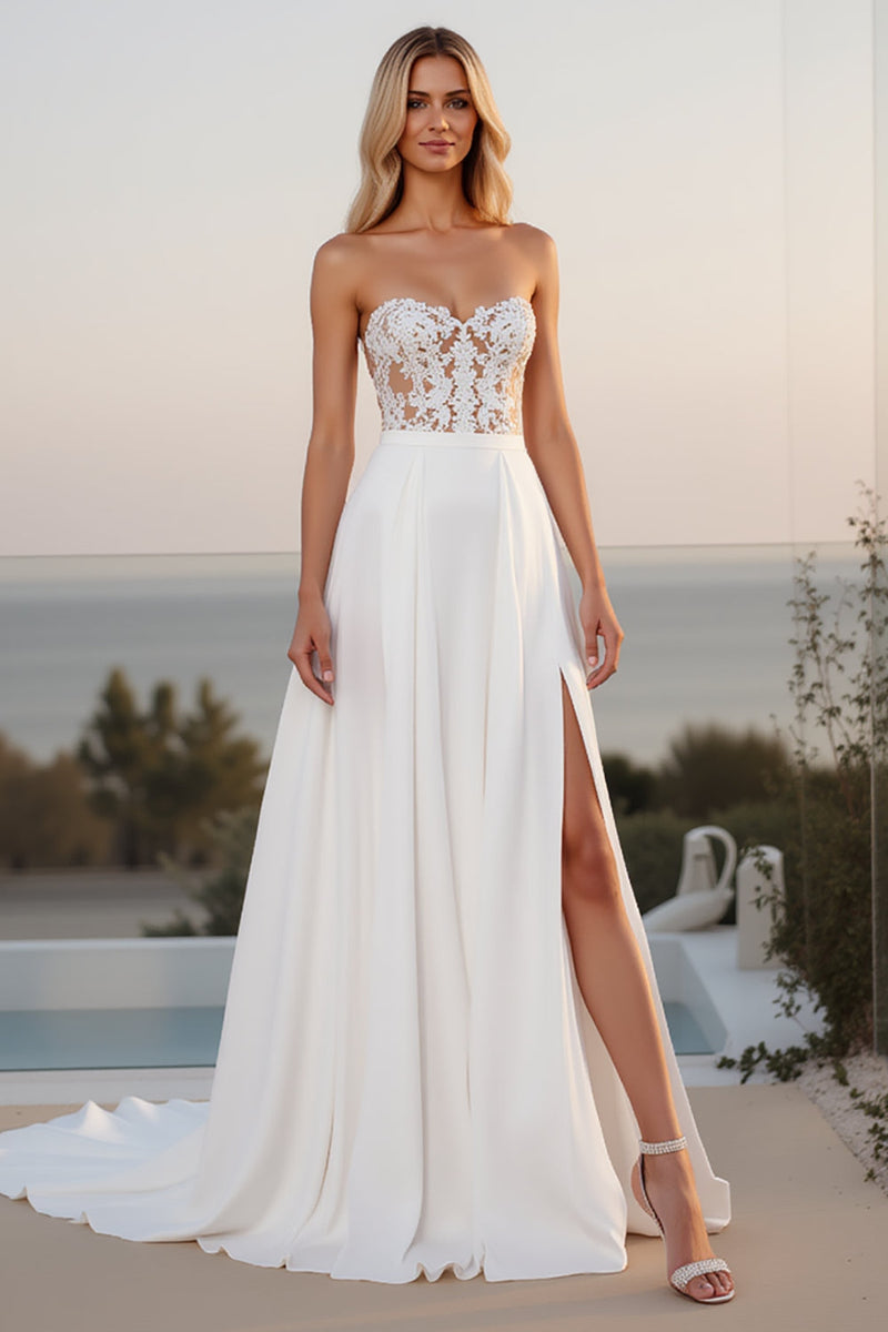 Load image into Gallery viewer, Lace Strapless A Line Ivory Wedding Dress With Slit