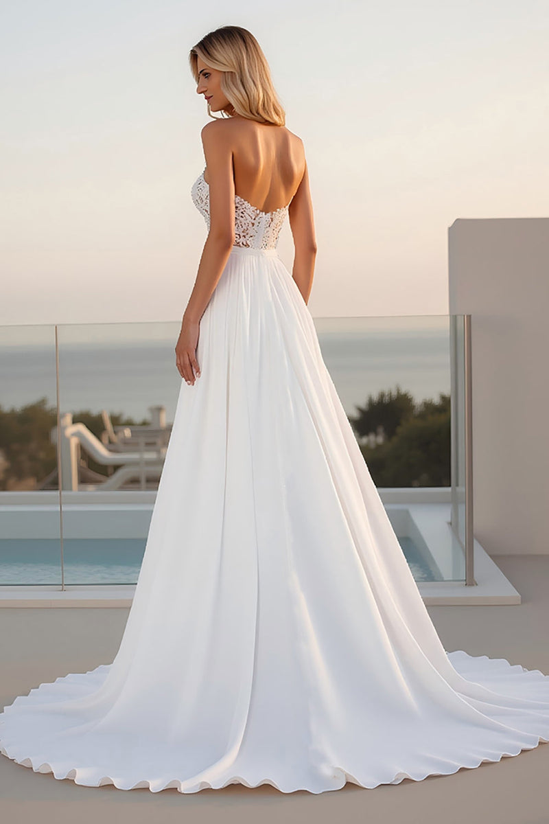 Load image into Gallery viewer, Lace Strapless A Line Ivory Wedding Dress With Slit