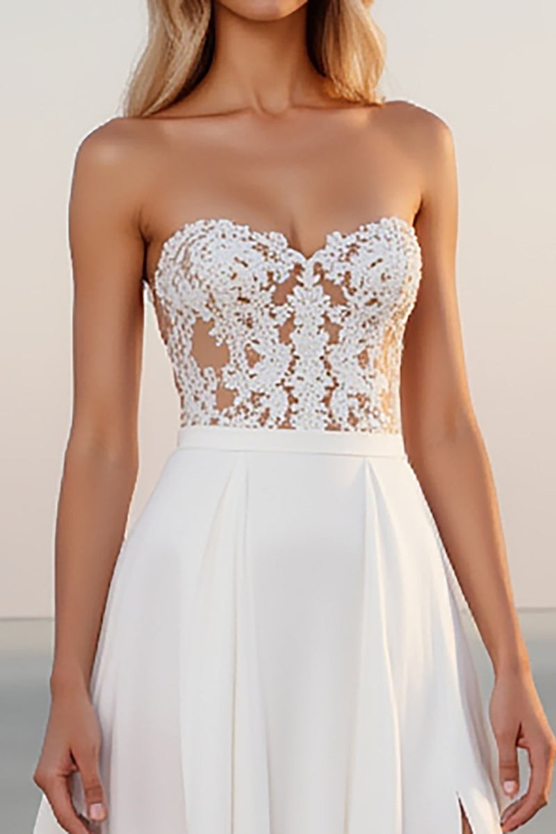 Load image into Gallery viewer, Lace Strapless A Line Ivory Wedding Dress With Slit