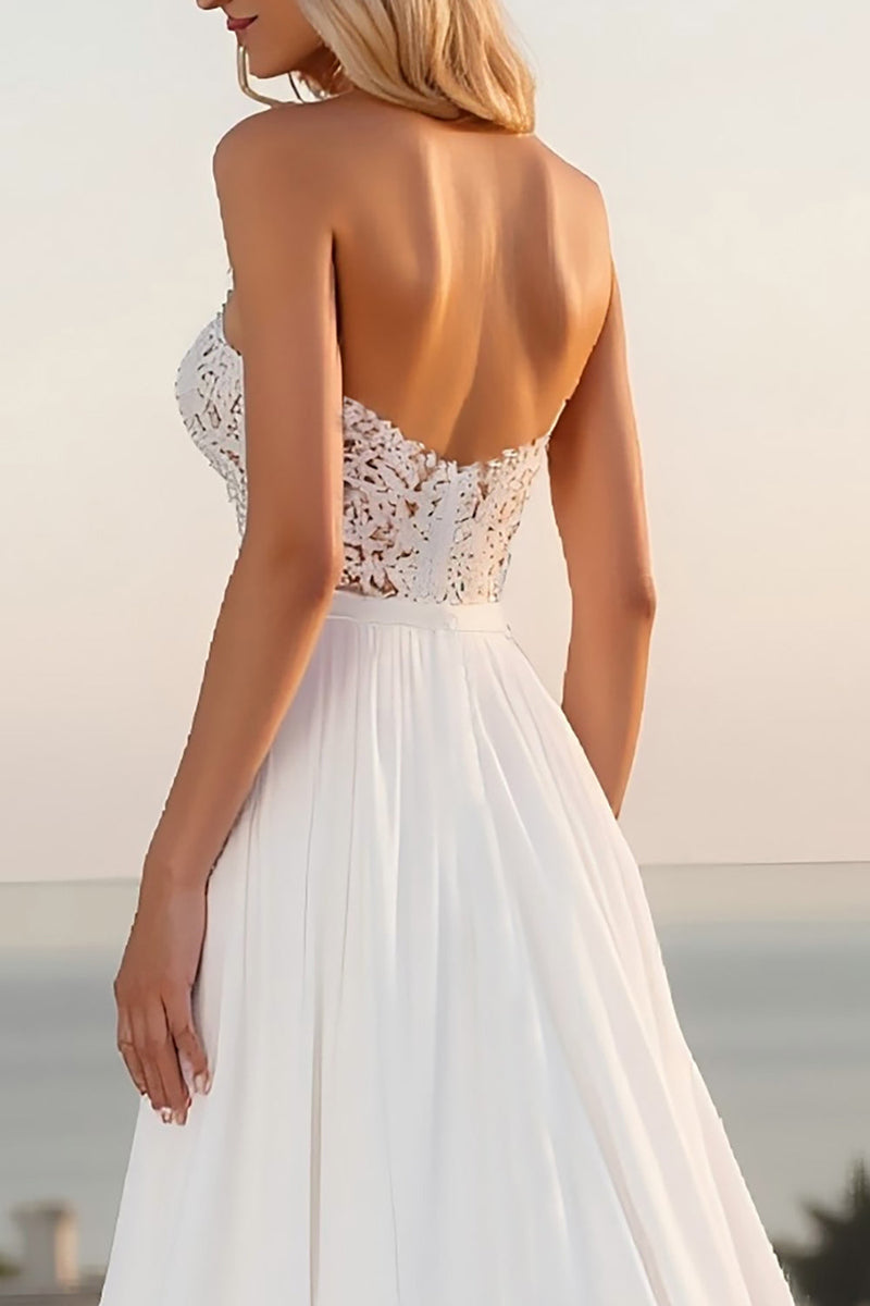 Load image into Gallery viewer, Lace Strapless A Line Ivory Wedding Dress With Slit