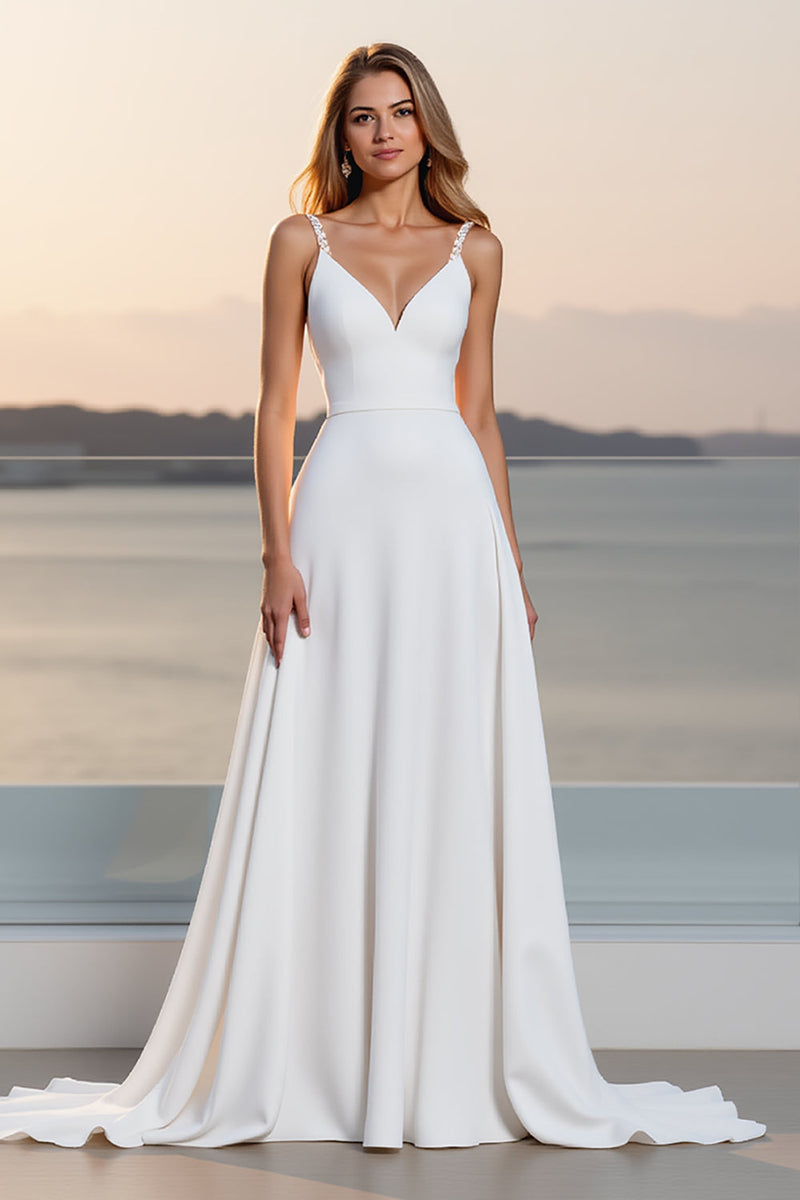 Load image into Gallery viewer, Crepe Spaghetti Straps A Line Ivory Wedding Dress