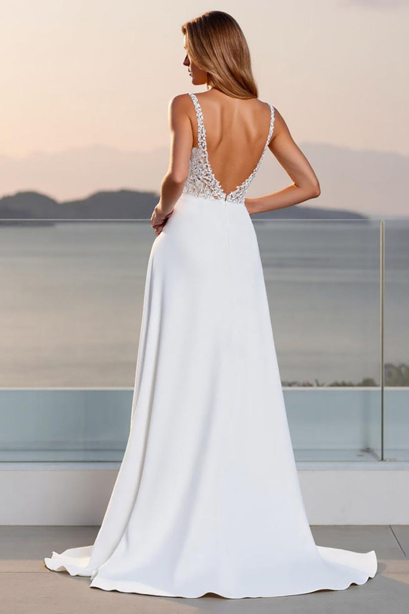 Load image into Gallery viewer, Crepe Spaghetti Straps A Line Ivory Wedding Dress