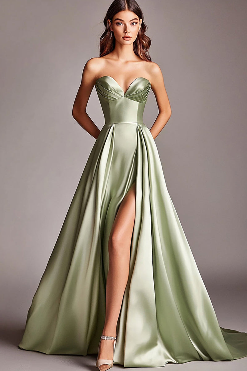 Load image into Gallery viewer, Dusty Sage Strapless Long Satin Prom Dress with Slit