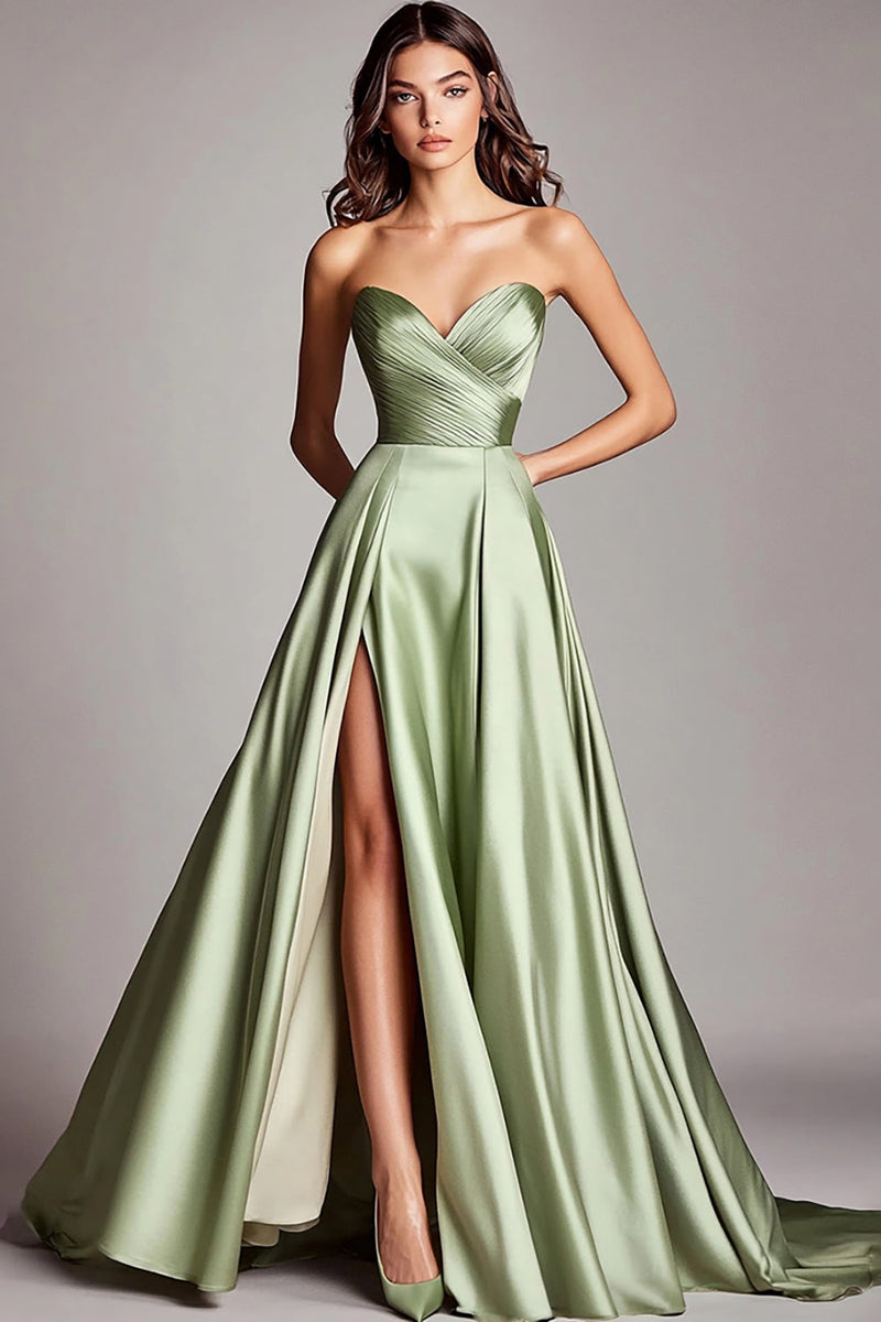 Load image into Gallery viewer, Dusty Sage Strapless A Line Ruched Satin Long Prom Dress with Slit