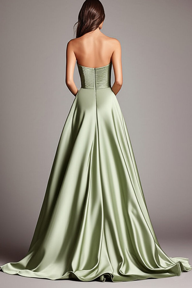 Load image into Gallery viewer, Dusty Sage Strapless A Line Ruched Satin Long Prom Dress with Slit