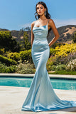 Sky Blue Spaghetti Straps Mermaid Long Satin Prom Dress