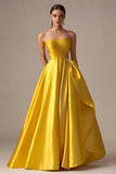 Yellow Strapless A Line Satin Long Prom Dress