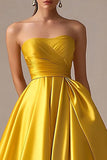 Yellow Strapless A Line Satin Long Prom Dress