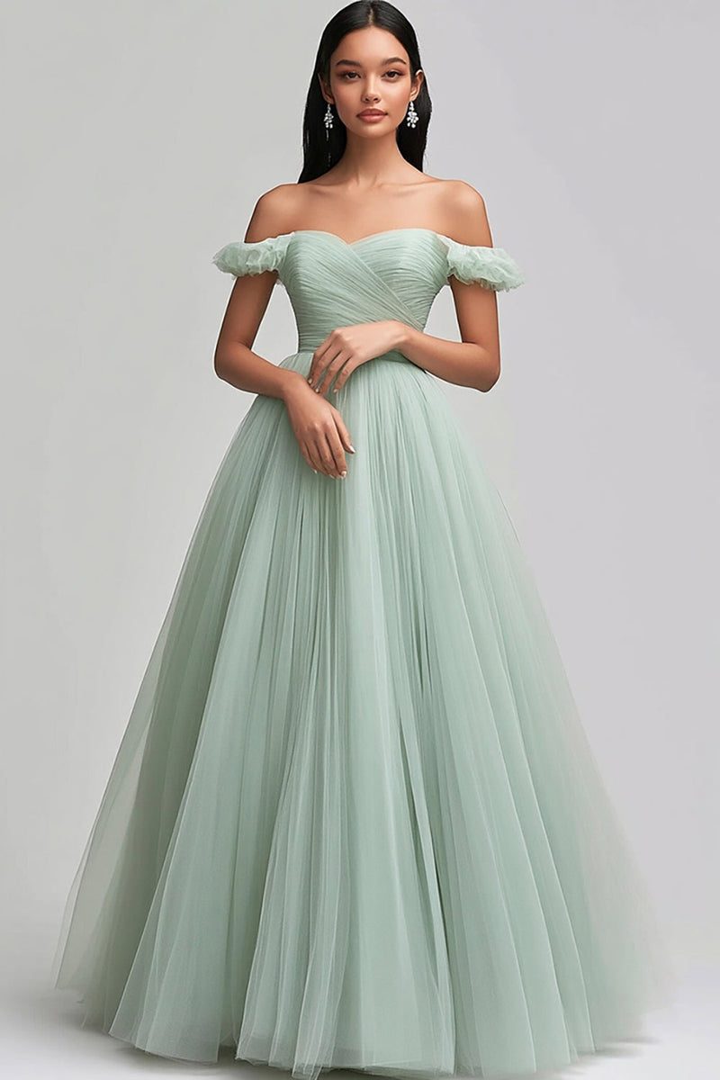 Load image into Gallery viewer, Light Green Off the Shoulder A Line Long Tulle Prom Dress
