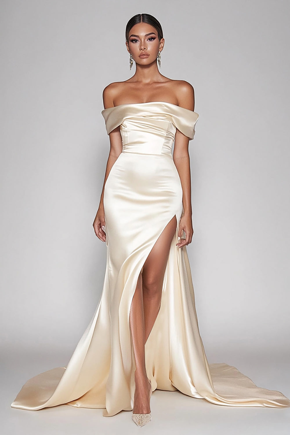 Champagne Off The Shoulder Satin Long Mermaid Formal Dress with Slit