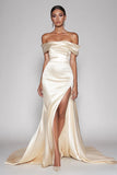 Champagne Off The Shoulder Satin Long Mermaid Formal Dress with Slit