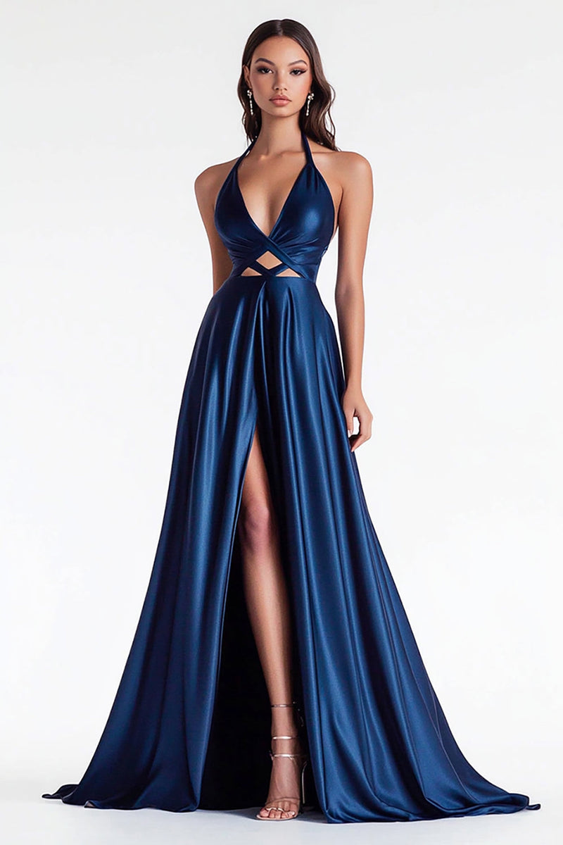 Load image into Gallery viewer, Navy Halter A Line Satin Long Prom Dress with Slit