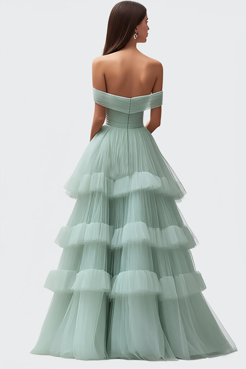 Load image into Gallery viewer, Light Green Ruffled Off The Shoulder Tulle Long Prom Dress