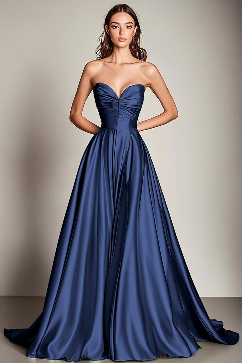Load image into Gallery viewer, Navy Sweetheart A Line Satin Long Prom Dress