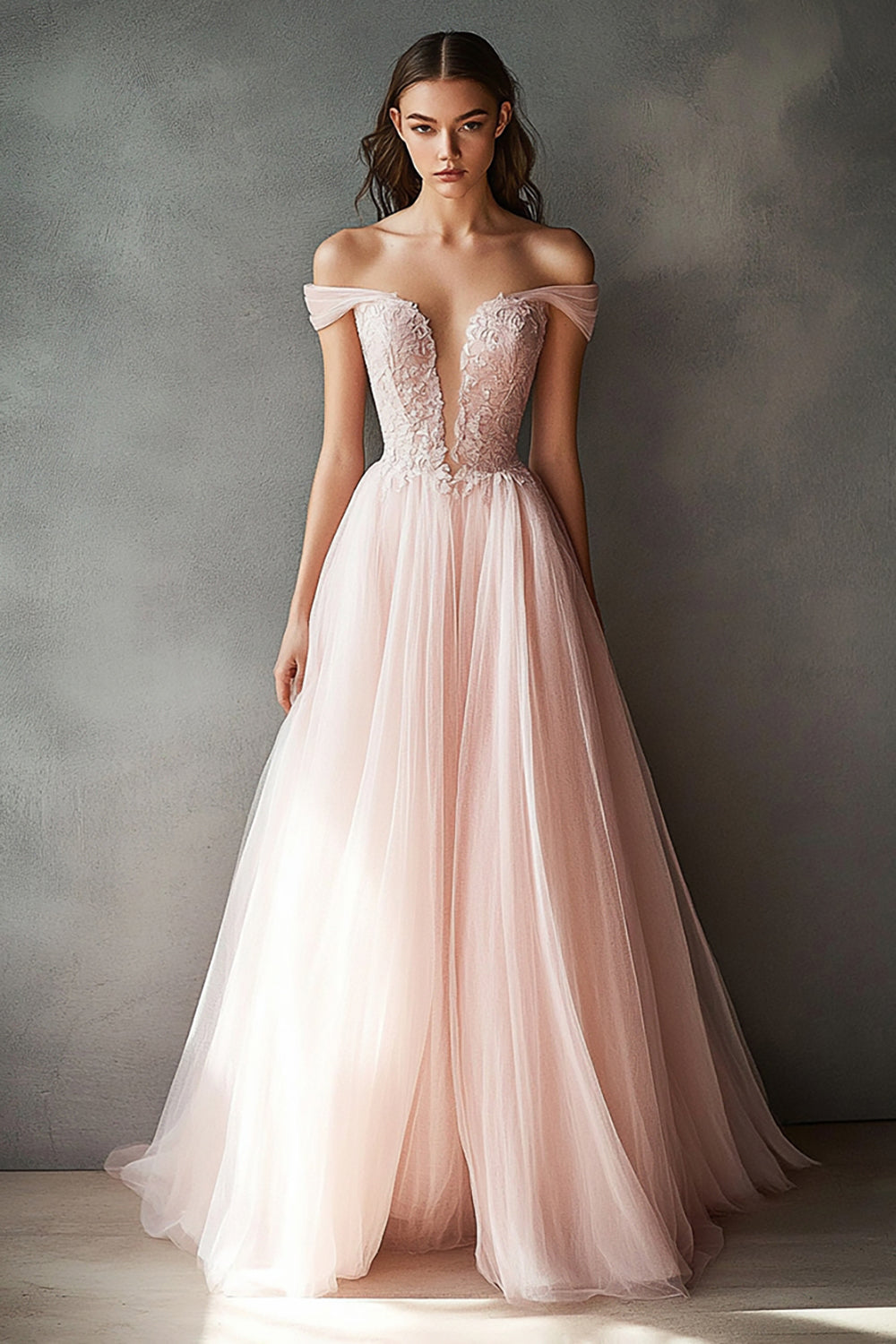 Pink Off The Shoulder Long Tulle Prom Dress with Lace