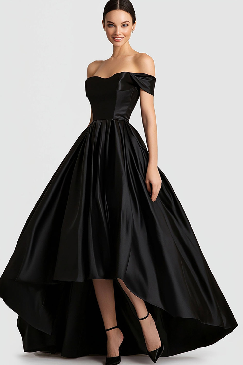 Black High Low A Line Off The Shoulder Prom Dress