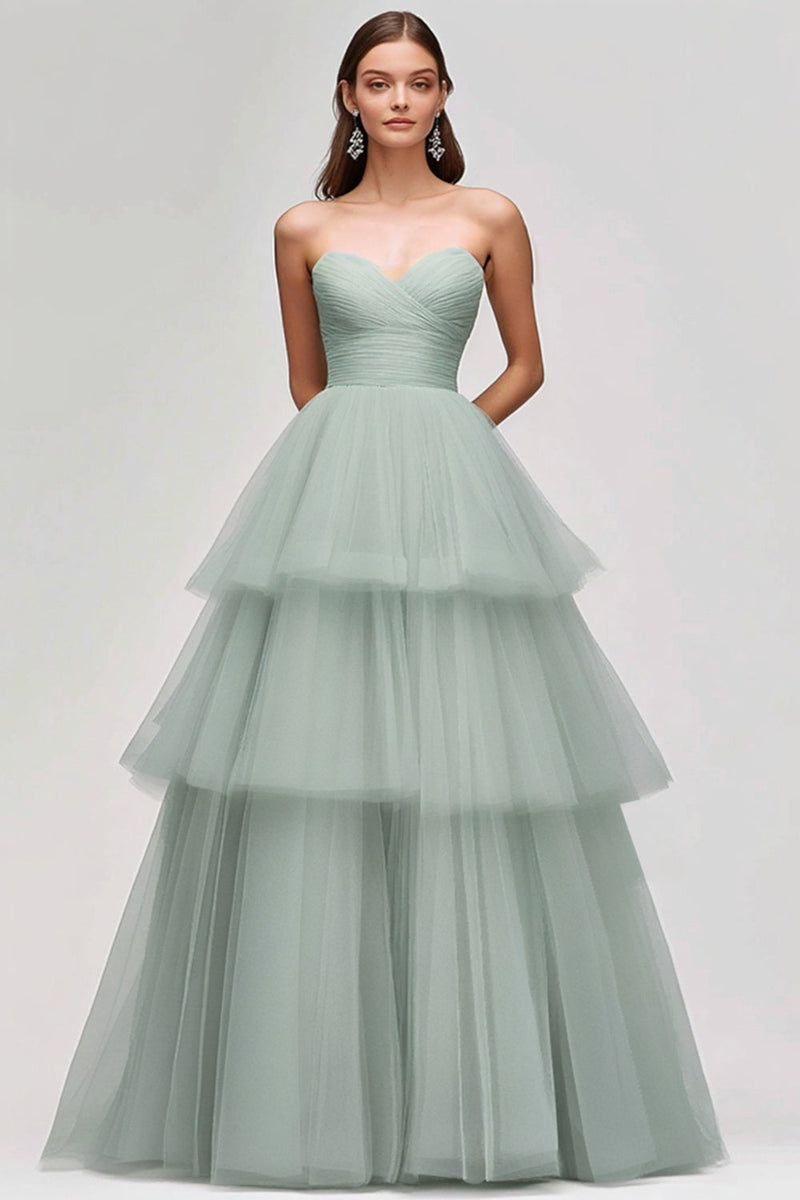 Load image into Gallery viewer, Light Green Ruffled Sweetheart Long Prom Dress
