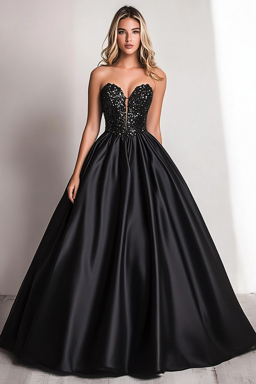 Sparkly Black Sweetheart A Line Satin Sequined Long Prom Dress