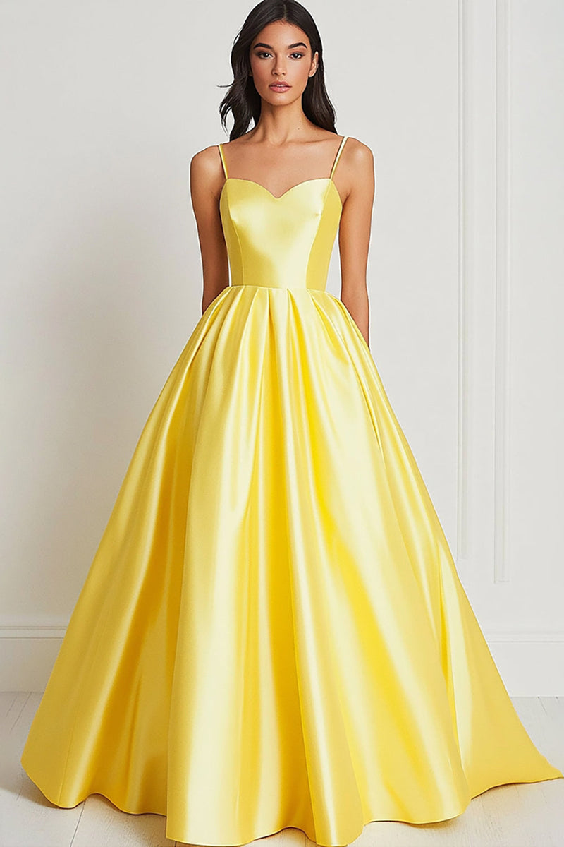 Load image into Gallery viewer, Yellow Satin Spaghetti Straps A Line Long Prom Dress