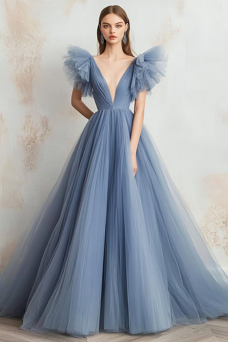 Load image into Gallery viewer, Grey Blue Tulle V-Neck A Line Long Prom Dress with Flying Sleeves