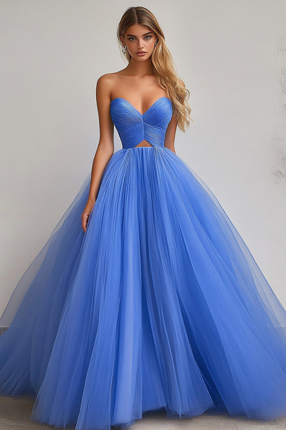 A Line Blue Sweetheart Long Tulle Prom Dress
