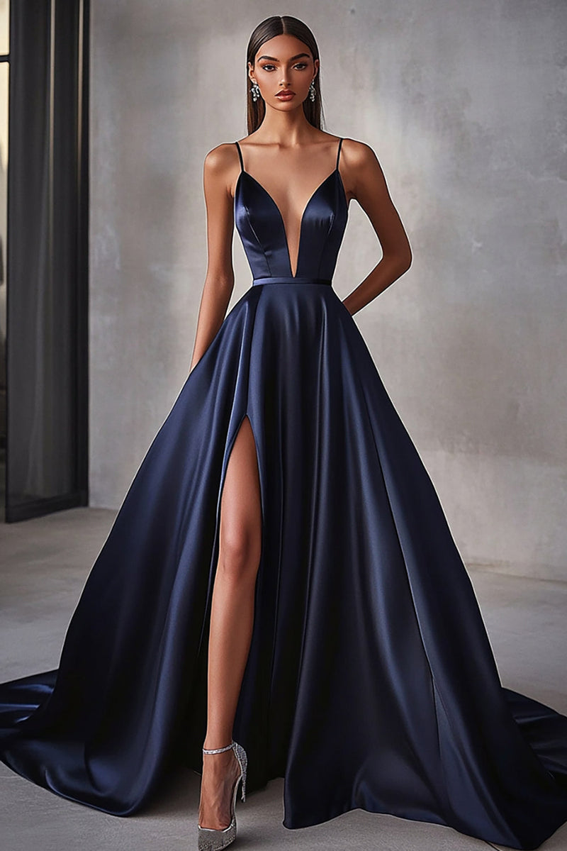 Load image into Gallery viewer, Navy Satin A Line Spaghetti Straps Long Prom Dress with Slit