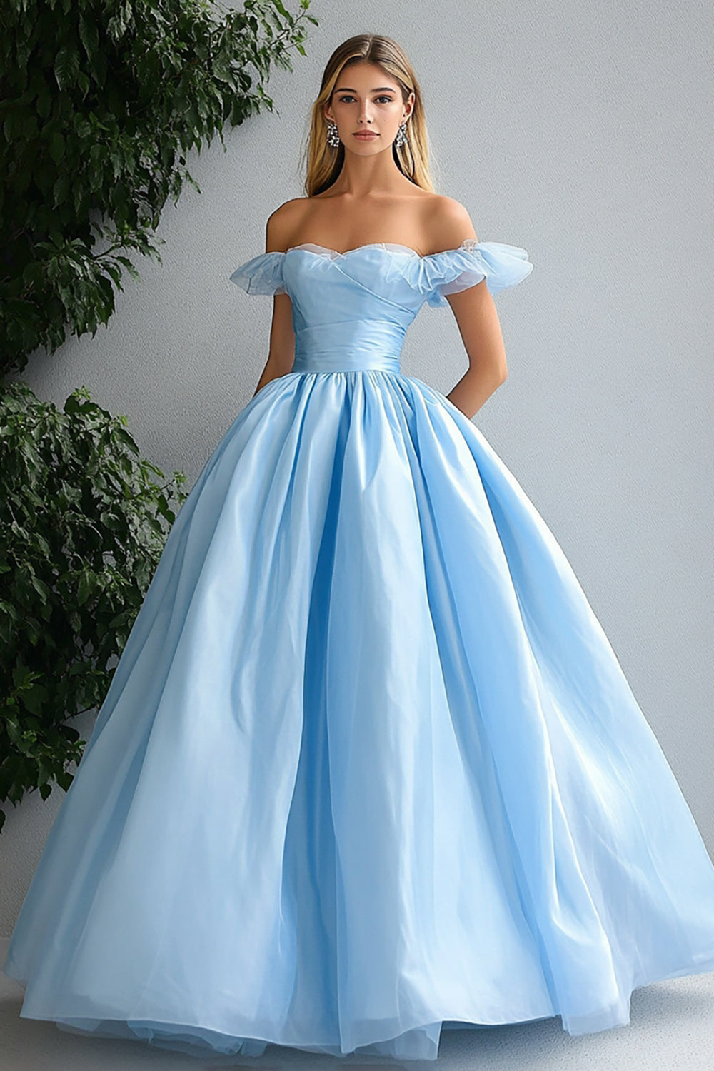 Sky Blue A-Line Off the Shoulder Ruffle Organza Ball Gown