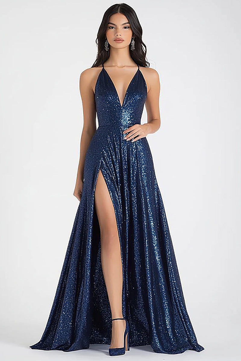 Load image into Gallery viewer, Sparkly Navy A-Line Spaghetti Straps Sequins Long Prom Dress with Slit